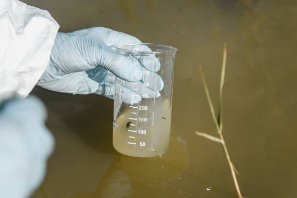 Expert testing quality of water. Pollution concept.